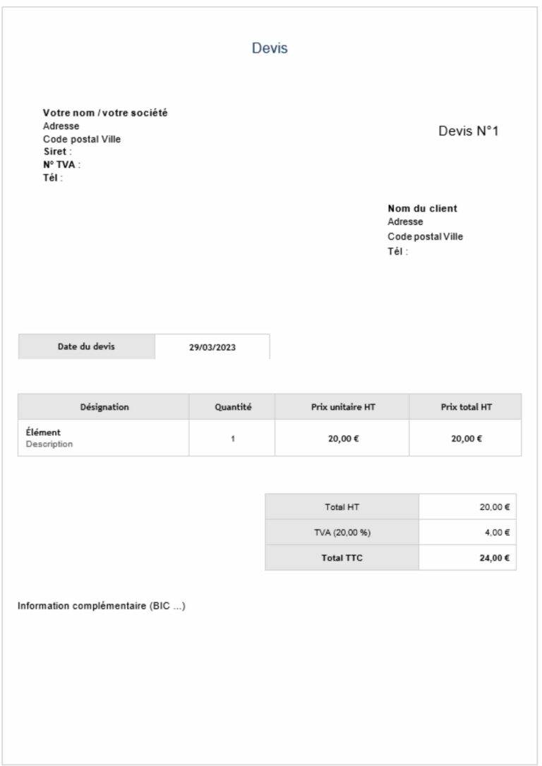 Mod Le Devis Gratuit Excel Et Word