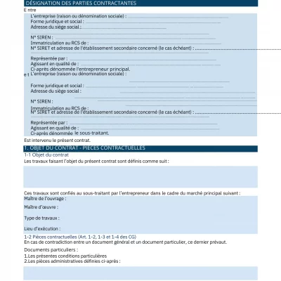 modèle gratuit de contrat de sous-traitance pour le BTP